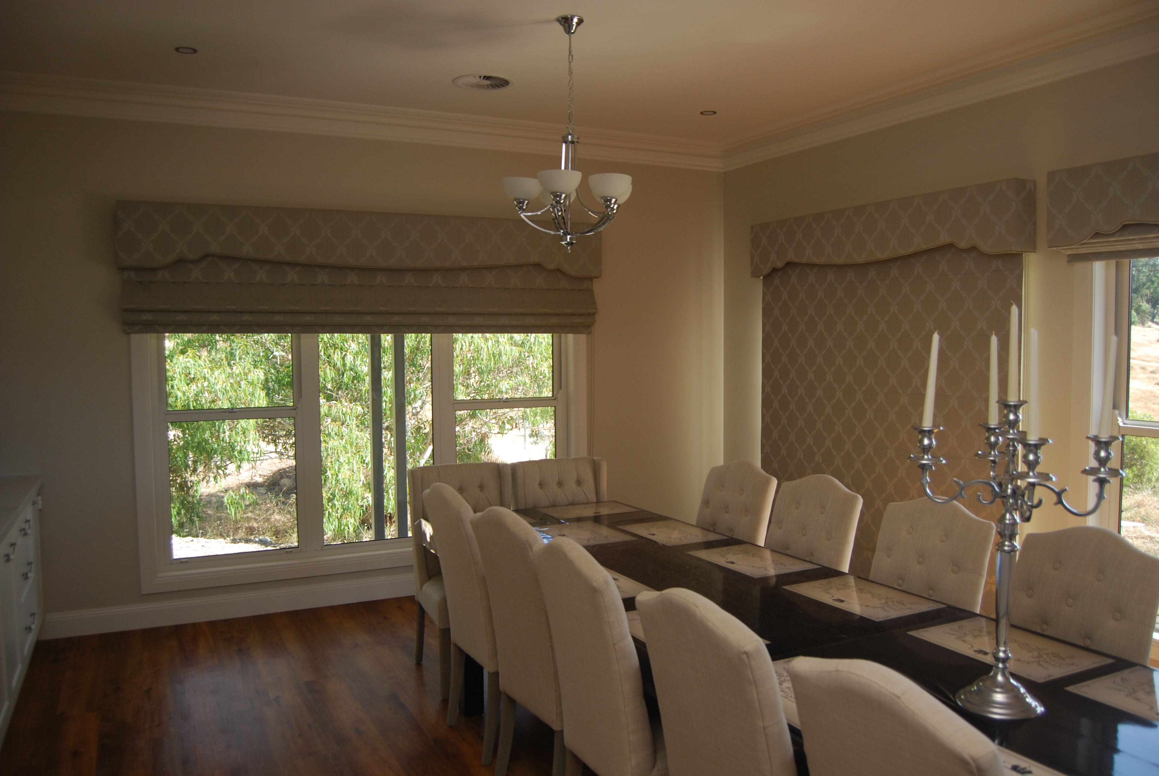 Soft Roman Blinds with Pelmets in Dining Room.JPG